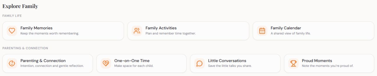 Explore Family tools: memories, activities, parenting, conversations and proud moments