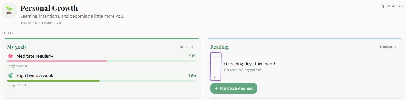 Personal Growth overview showing personal goals and the reading tracker