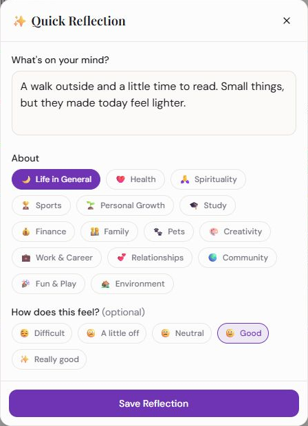 Quick Reflection form with an example note about making time for a walk